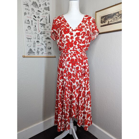 BARDOT Fiesta Red Floral Faux Wrap Tie Waist Asymmetrical Midi Dress Size US 8 - Picture 6 of 15